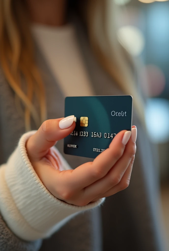 Lady&#39;s hand with a card in her hand as a payment method, quite clear and real, vertically so that the arm can be seen