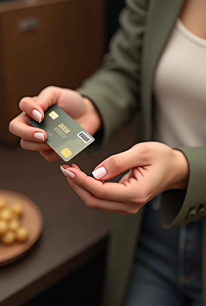 Lady's hand with a card in her hand as a payment method, quite clear and real, vertically so that the arm can be seen