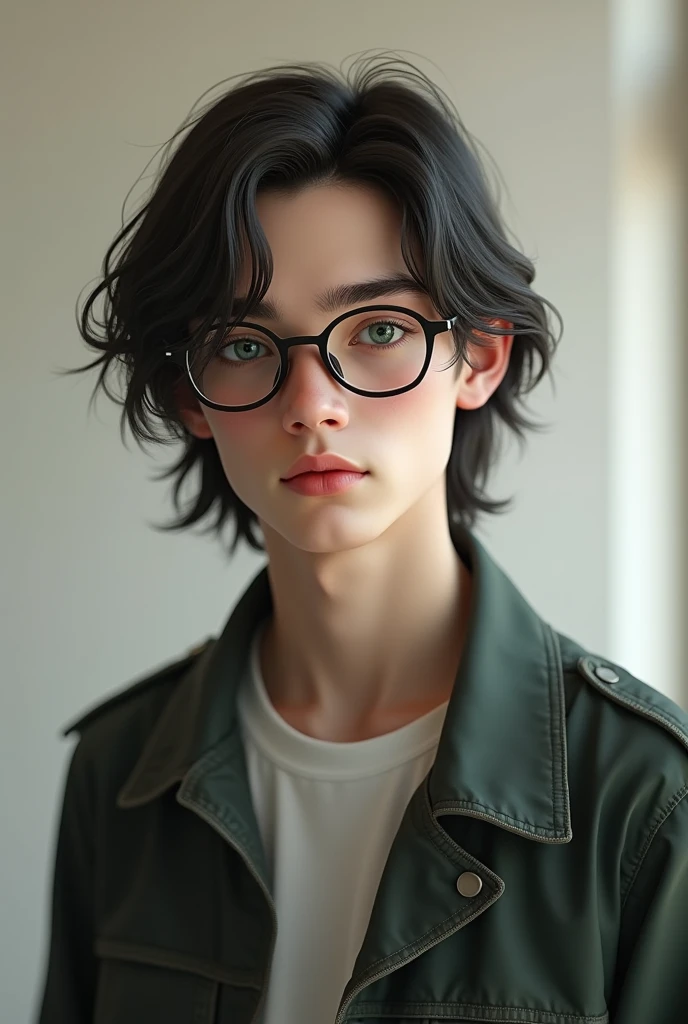 fait un jeune homme de 18ans, semi-long hair, lisses, which fall on the side, It is quite large, mince, il a des lunettes, green eyes,



