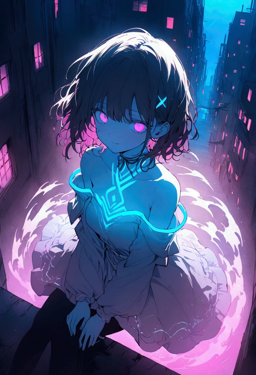 masterpiece, best quality, 1 guy in synthwave style, blue outline, neon lit streets, blue fluorescent overlays, alone, from above, cowboy shot, sitting on top of building, extremely detailed CG, flat color, limited palette, no line art,silhouette,partially colored,alternate color,dynamic angle,blue long top shan,dark violet shadow,synth wave,chromatic aberration,(individual focus),perfect shadow,wearing a floating off-the-shoulder jacket, delicate face, bare shoulder, beautiful and delicate eyes, delicate background, blue neon light,