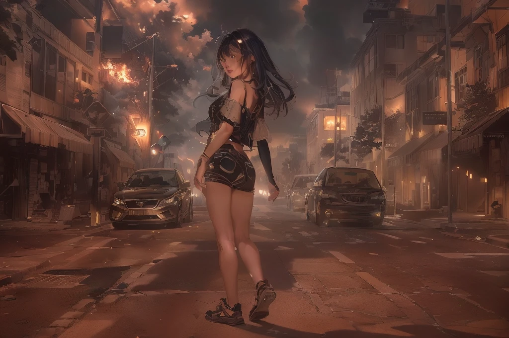 Giantess with firm , long sexy legs, yellow hair and in a bikini is lying on the ground, while the city at her feet burns in flames for the destruction she has caused, while the tiny people climb on her body to try to defeat her uselessly. Giantess, goddess, macrophilia, curvaceous body, hentai, fetish, sexy legs, bikini, high heels, high quality
