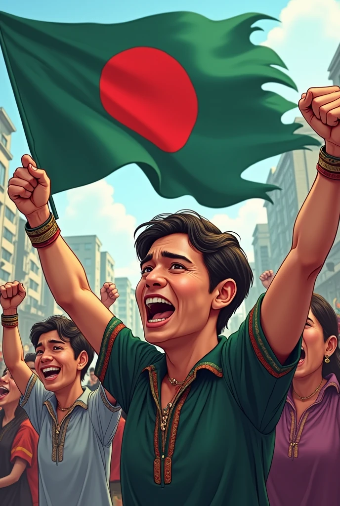A realistic but cartoon picture of male and female protestors celebrating victory holding flag of their country Bangladesh.(Some injured)It should reflect Bangladeshi peoples hardwork and culture 