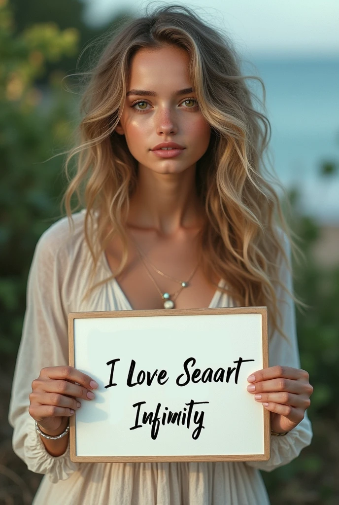 Beautiful girl with wavy long hair, bohemian dress, holding a white board with text "I Love Seaart Infinity" and showing it to the viewer