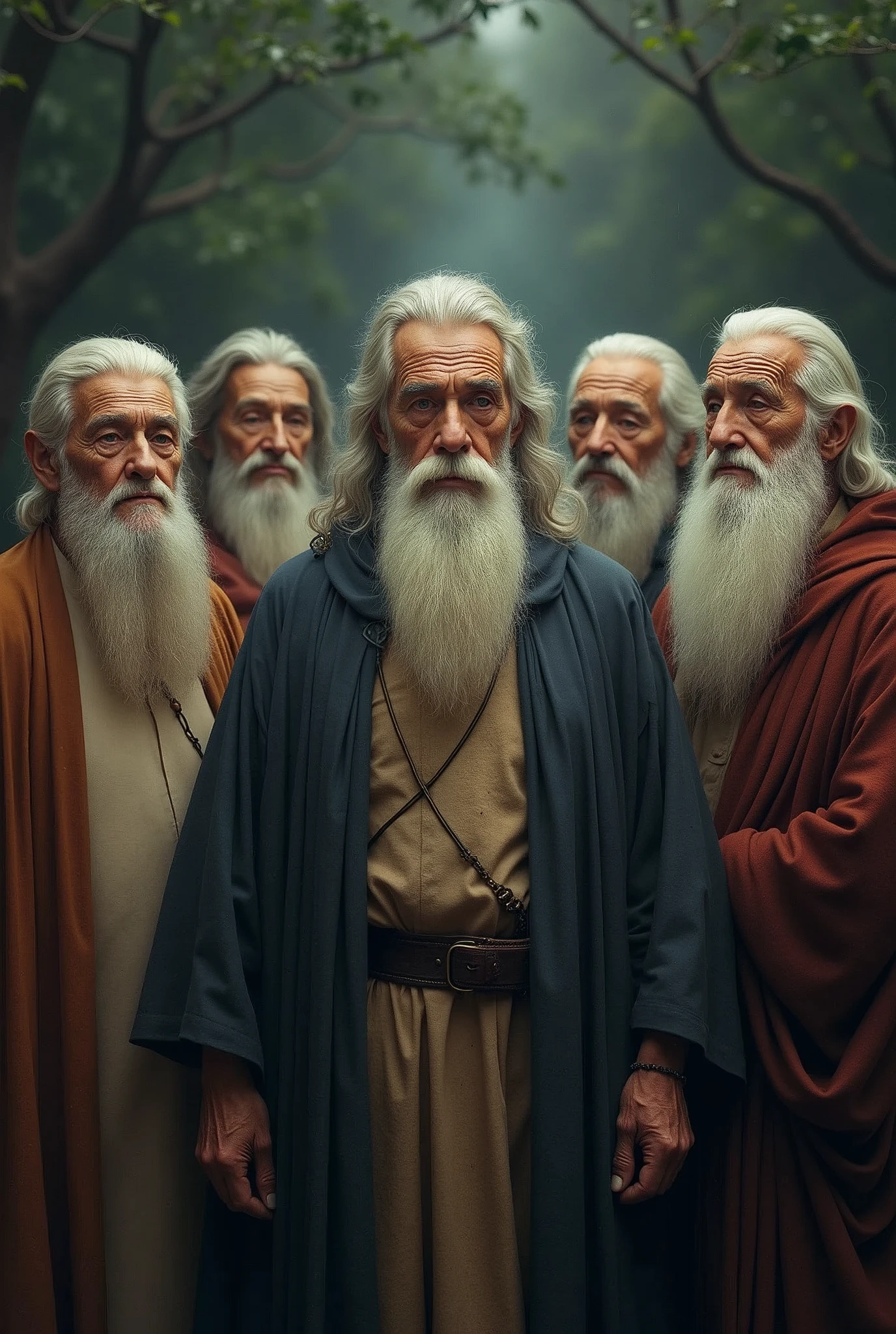 Seven old women and wise elders of different ethnicities, being three elderly and wise women, arranged in a harmonious semicircle. The figures are positioned in a balanced way, three on the left and three on the right, all with serene expressions that reflect the cultural diversity and wisdom accumulated throughout their lives. At the center, a mysterious and charming looking man stands out, with a long, well-kept white beard and a face deeply marked with wrinkles that tell stories of a life of immense knowledge. Their clear eyes radiate an almost mystical serenity, as if they held the secrets of the universe. Everyone wears simple cloaks, but elegant, that reinforces their aura of mystery and wisdom. The background of the image is enigmatic, evoking an atmosphere of mystery and depth, as if they were in a place where ancestral knowledge is preserved and shared.