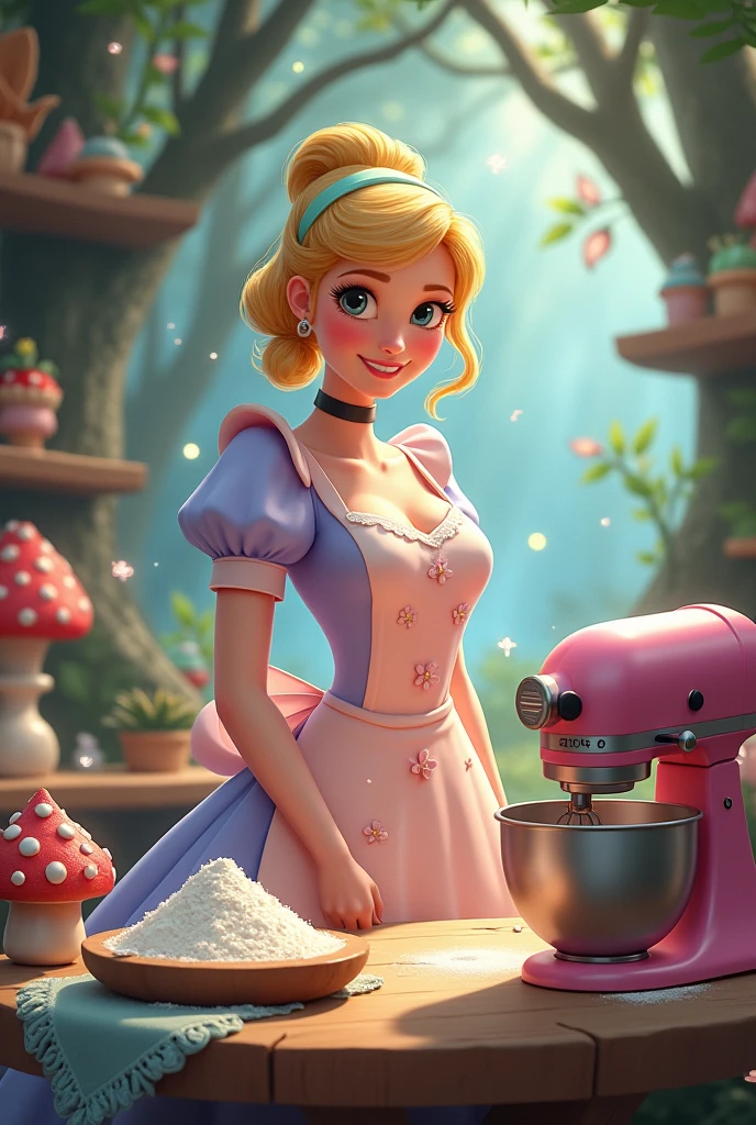 Imagine a Disney princess character, Cinderella, in a magical forest kitchen setting.:
colors: She uses soft and pastel shades like pink, lila, mint and yellow.
outfit: wear an adorable baking apron with details like small cakes and cupcakes. Her dress is light and airy, in pastel tones.
around: The kitchen is in a magical forest, with trees that have branches that serve as shelves for baking utensils. There are bright flowers and mushrooms that act as furniture.
Accessories: use a magic mixer with wings, and a small oven that seems to be made of wood with shiny details. There are floating ingredients around, like flour and powdered sugar.