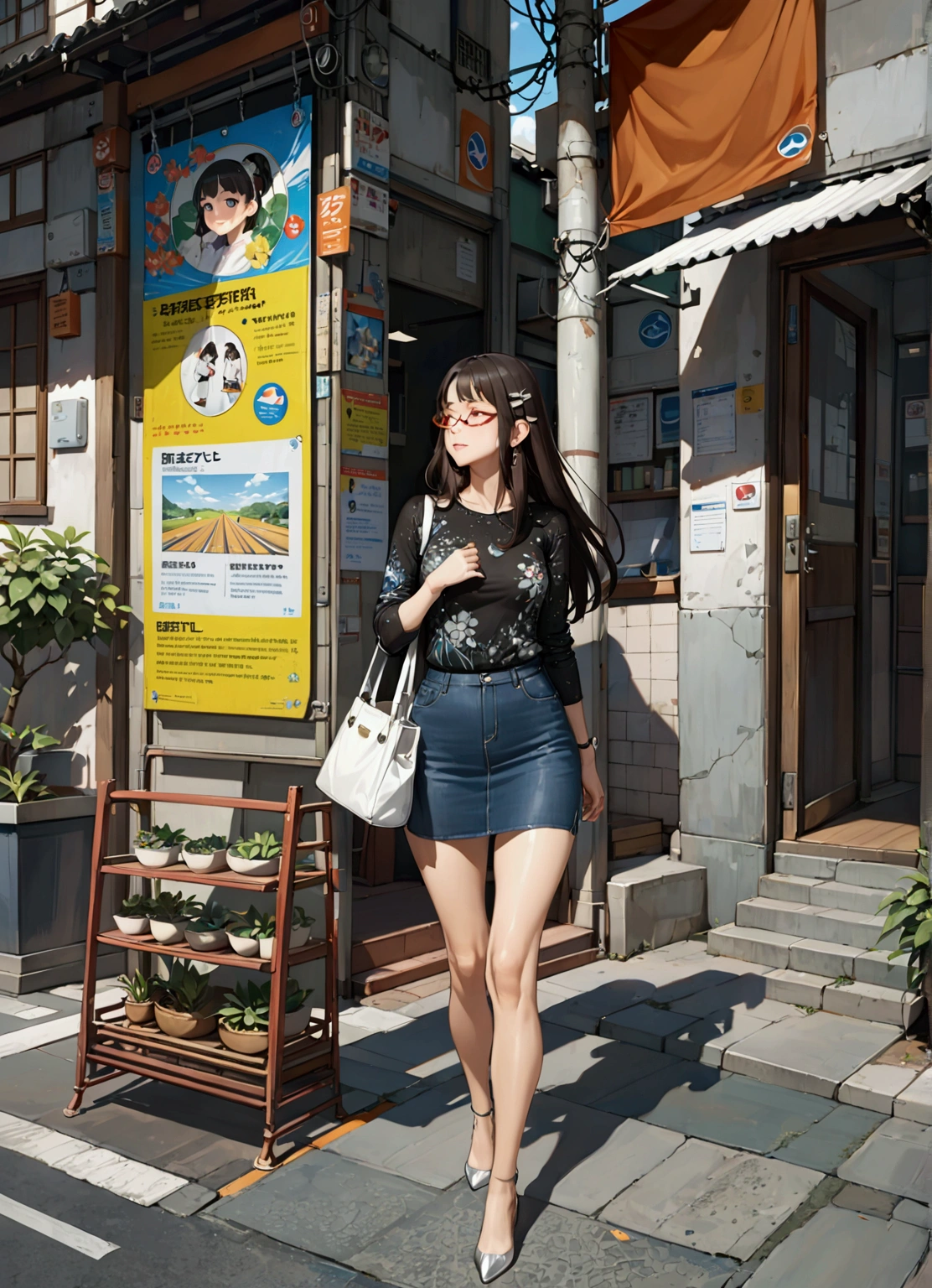 realistic anime illustration of beautiful office woman walking on footpath among sunny day, she is carrying white bag, she has black long hair and forehead with hairclip , she wearing black long sleeve t-shirt with gray flora print, denim mini skirt, and silver heels, (1girl, solo, full body), (masterpiece, best quality, japanese anime style), (expressive eyes, perfect face)