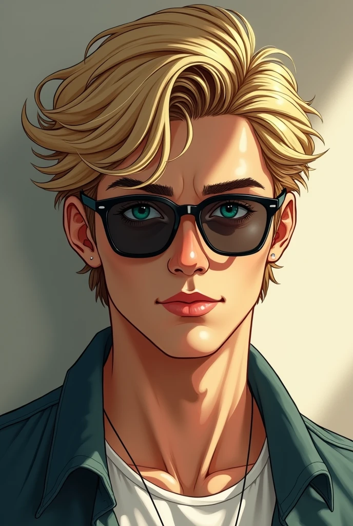 fait un jeune homme de 18ans, cheveux mi long blond, lisses, qui tombent sur le coté, il est assez grand, mince, il a des lunettes, des yeux vert,