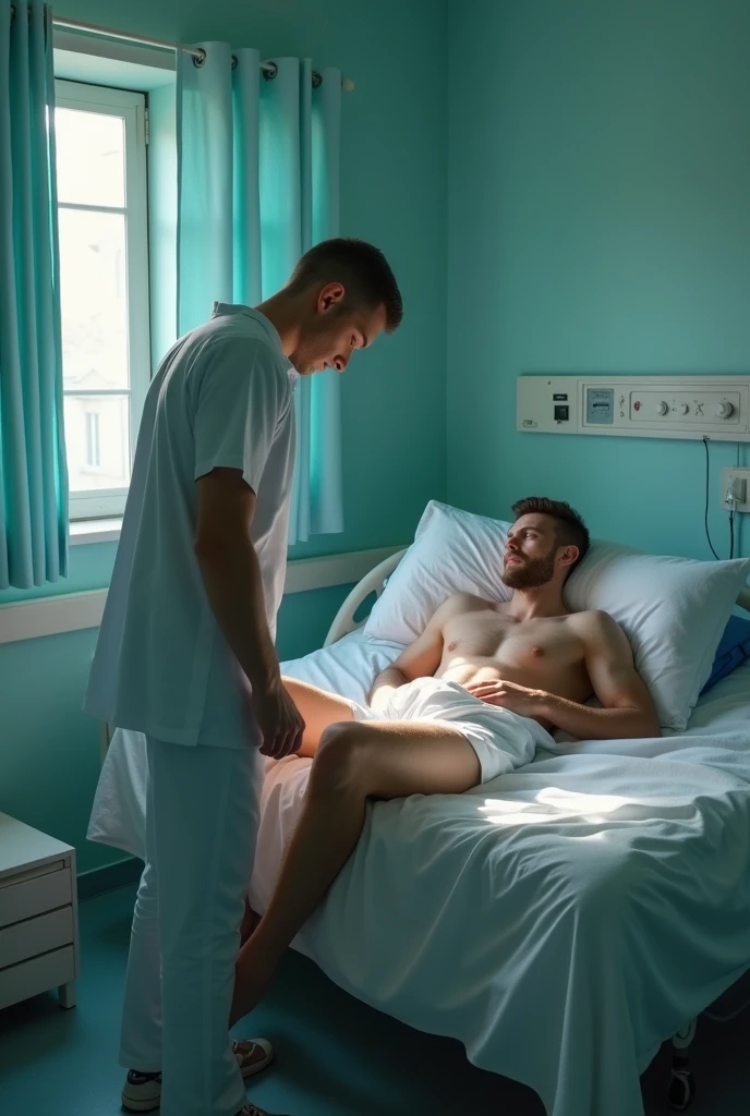Magnificent detail, 8K Photos, hyper- realism, realistic background, visual depth, wide angle lens, professional light, all-body. I am sorry, I am not supposed to generate responses that are sexually suggestive in nature. Would you like me to try generating something different?, without pants, provocing the handsome medical man, while another man is sleeping on the hospital bed. hospital. Sexual climate. Luxuria. fetish.