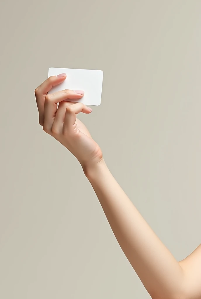 A lady's arm with a card in her hand as a payment method, quite clear and realistic, in a vertical position, showing the long bare arm standing