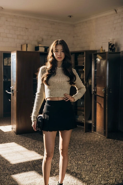 (Inspired by the James Bond films),movie stills style,best quality, masterpiece, 1 girl, Pretty Face, (Realistic photos:1.3), Edge lighting, (High Detail Skin:1.2), 8k, Digital SLR Camera, high quality, high resolution, Optimal ratio:Four fingers and one thumb, (real:1.3), Real face,Full body portrait,Flower crown on the head,Skinny sweater,Very large breasts,Short skirt,Long legs,Standing in the locker room,Facing the audience