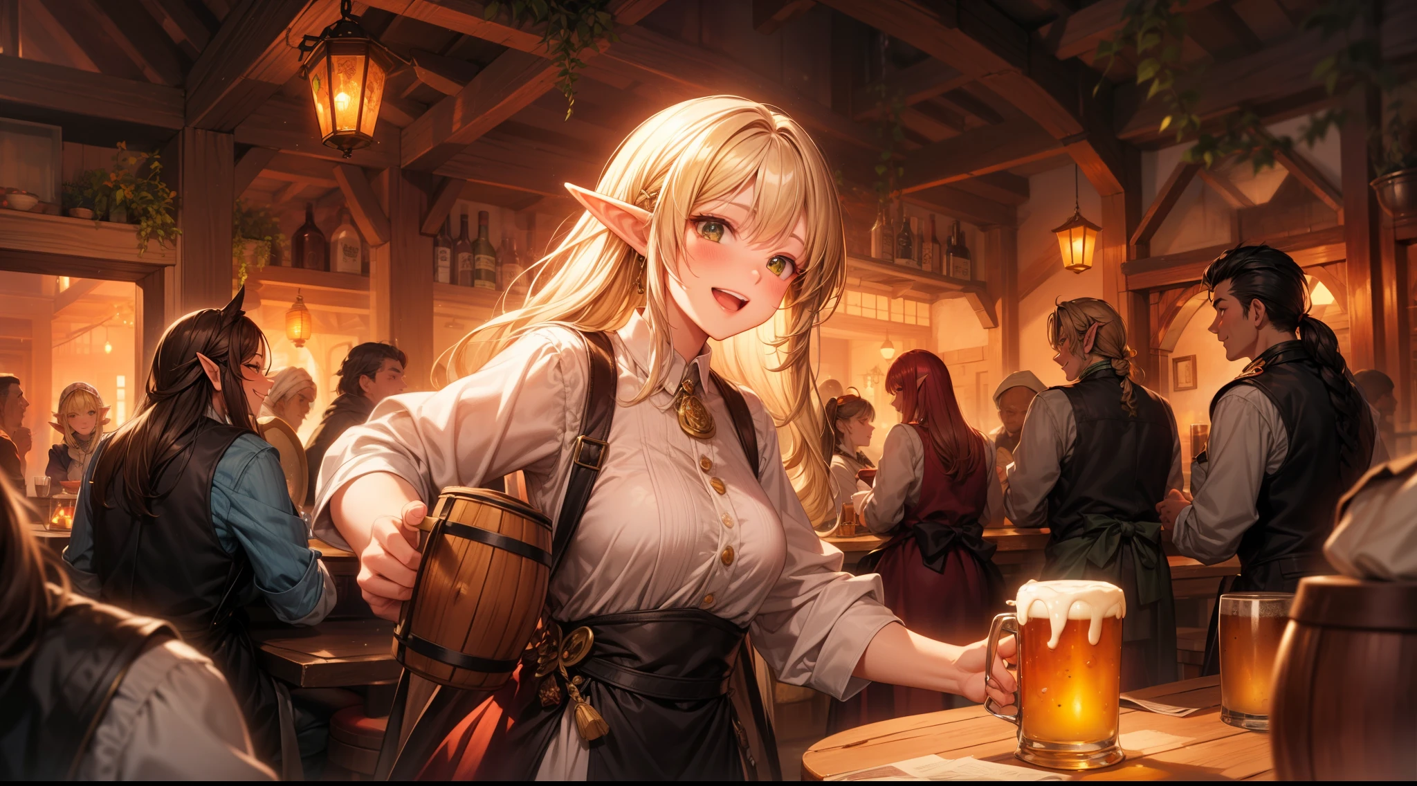 An illustrated scene set in a lively fantasy tavern at twilight. The focus is on a cheerful elf waitress, a young woman with long flowing hair and pointed ears, wearing a traditional tavern outfit. She is smiling warmly as she carries a large tray of mugs filled with beer, distributing them to a diverse group of patrons gathered around a round wooden table. The background shows a bustling tavern filled with various races, including humans, dwarves, and elves, all engaged in lively conversation. The setting is cozy, with a warm glow from lanterns and a large hearth, casting a soft, inviting light. The overall mood is vibrant yet warm, with a mix of soft browns, golds, and oranges to reflect the twilight hour.