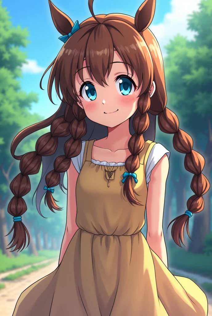 Hunter x hunter anime style girl Similar to killa with long hair in braids brown hair and blue eyes similar to Killa's dmore braids smile more like anime style from Hunter x hunter anime No red cheeks and with and with two small ponytails on the sides and no red blush to look like a curly haired killa wearing a dress