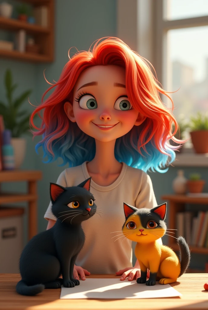 Pixar-style: White girl with wavy red hair and blue ends. She has a black cat and a half black and half yellow cat and is a designer.. 