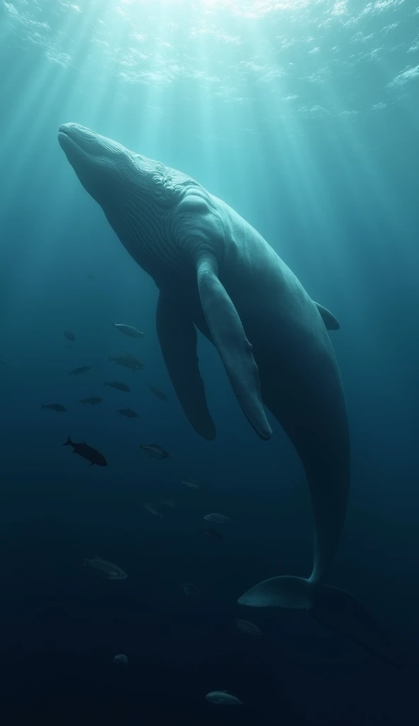 A whale gliding smoothly underwater, modern day, in the deep ocean, with fish swimming alongside it, the calm expression on its face showing relaxation, medium shot, hyper-realistic, photo realism, cinematography --ar 9:16.