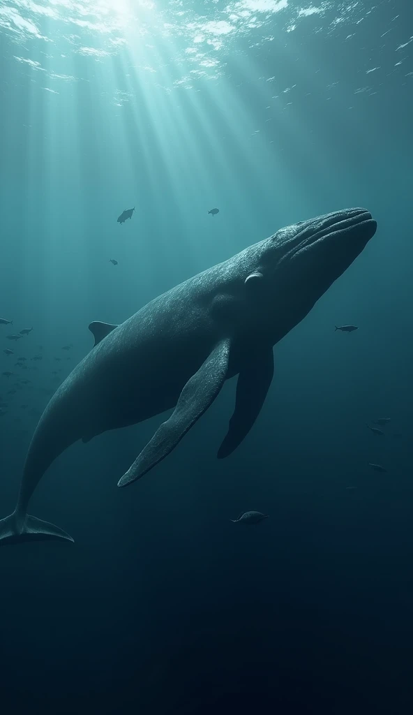 A whale gliding smoothly underwater, modern day, in the deep ocean, with fish swimming alongside it, the calm expression on its face showing relaxation, medium shot, hyper-realistic, photo realism, cinematography --ar 9:16.