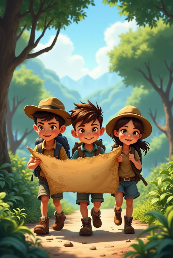 Two boys and a girl searching for the treasure that is on the treasure map