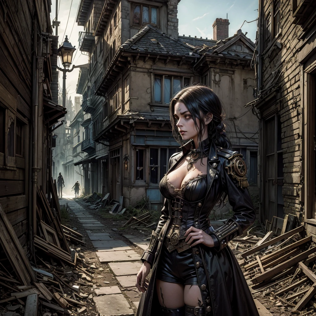 
an undead woman in a steampunk uniform in the foreground  searches a street of a semi-abandoned gothic village, next to her some grotesque and surreal undead characters