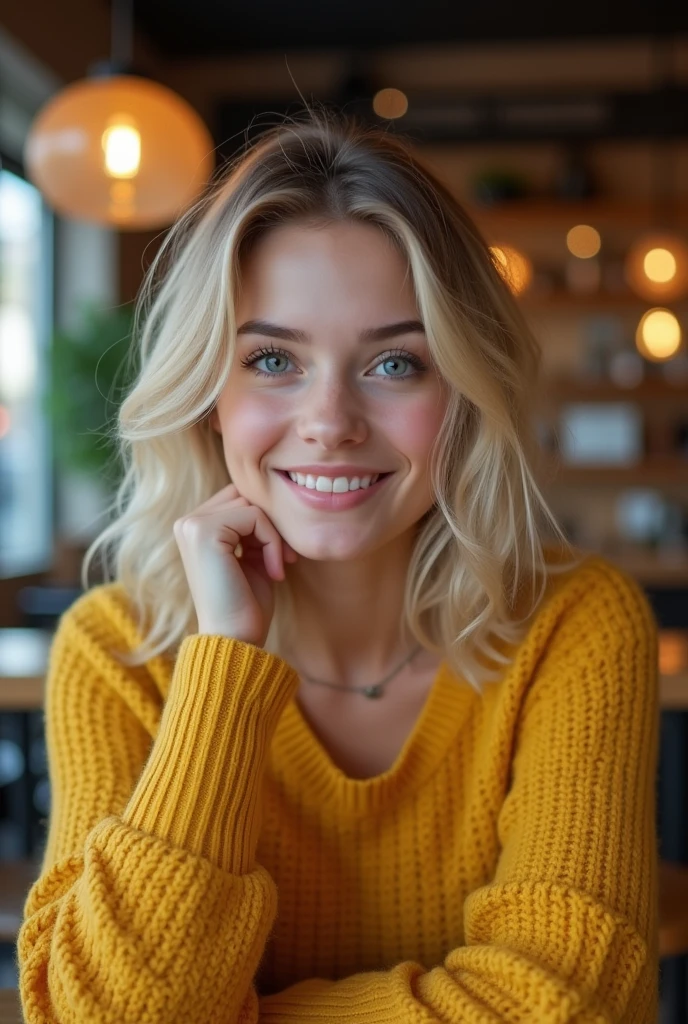 Cute beautiful blonde with yellow sweater (Drinking coffee in a modern café at sunset),a close up muito detalhado, , innocent face, naturally wavy black hair, blue eyes, high-res, ​masterpiece, best qulaity, Intricate detailing, muito detalhado, sharp focus, detailed skin, realistie Hauttextur, Textur, detailled eyes, professional, 4K, charming smile, taken with Canon, 85 mm, light depth of field, Kodak Vision Color, perfectly fitting body, extremely detail, photoshot_\(ultra\), fotorealisti, realisti, Post processing, maximum details, roughness, real life, ultrarealisti, photoshotrealismus, photoshotgrafie, 8K  UHD, photoshotgrafie