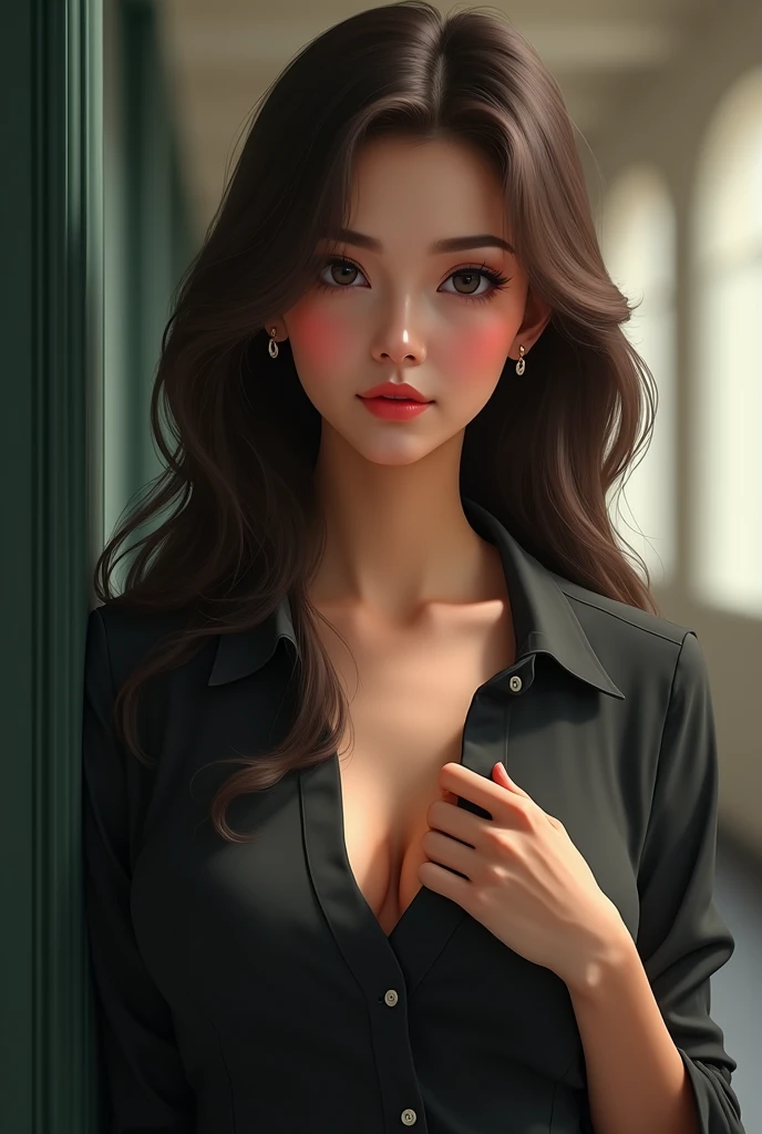 Sexy girl,long hair, teacher dress, midium ,all buttons open at the chest,young teacher, medium height , earings at left ears, married me