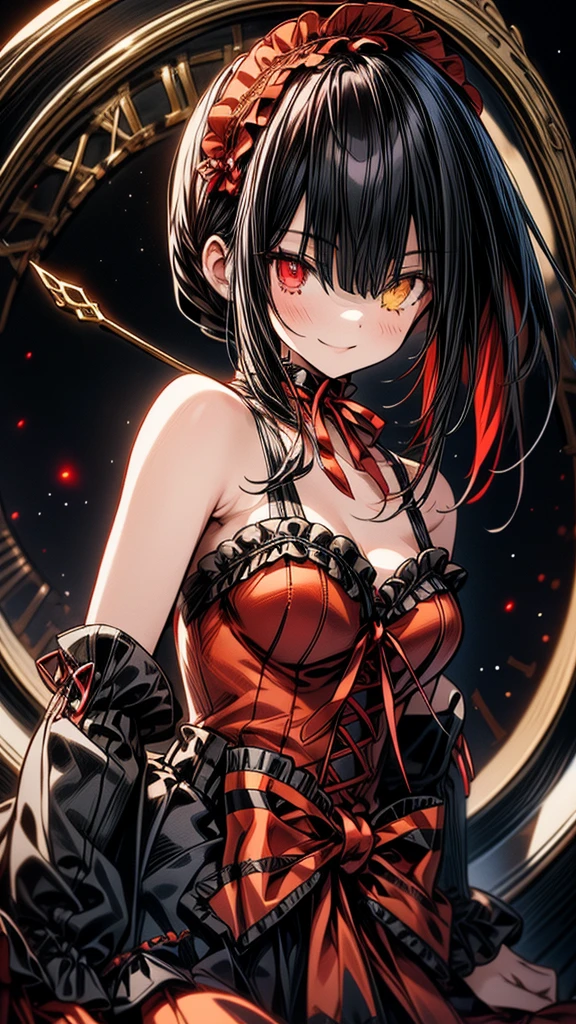 Very detailed, highest quality, masterpiece, gravure body type, medium breasts, moody angle, cowboy shot,( 1girl, solo:1.5), aakurumi, long hair, twintails, hairband, heterochromia, right red eyes, yellow left eyes, clock eyes, left pupils clock style, armpits, medium breasts, cleavage, black choker, red ribbon, bare shoulders, gothic, red dress, red bow, detached sleeves, very detailed background, smile, Confident posture, night, city,( Clock tower in the background)