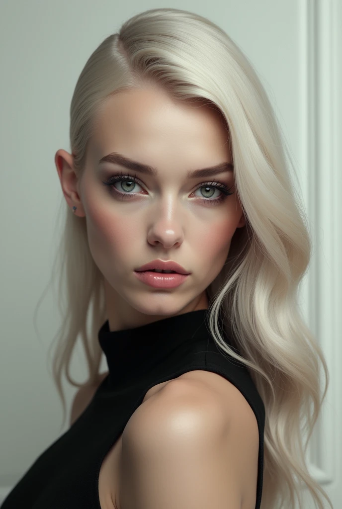 Half bald woman who is bald on the top of the head and has long side and back hair