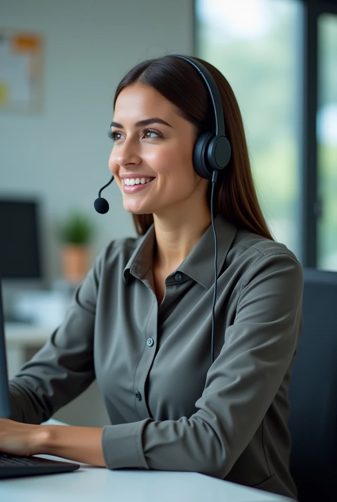 A lady with headphones and a microphone, wearing a customer service shirt, answering a clear call.