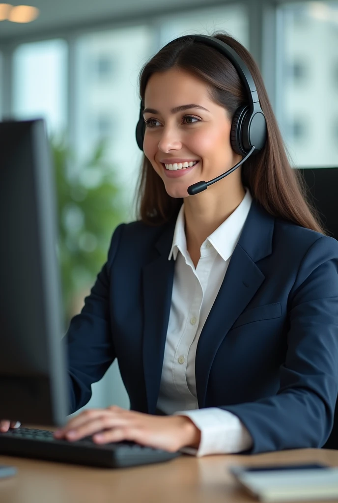 A lady with headphones and a microphone, wearing a customer service shirt, answering a clear call.
