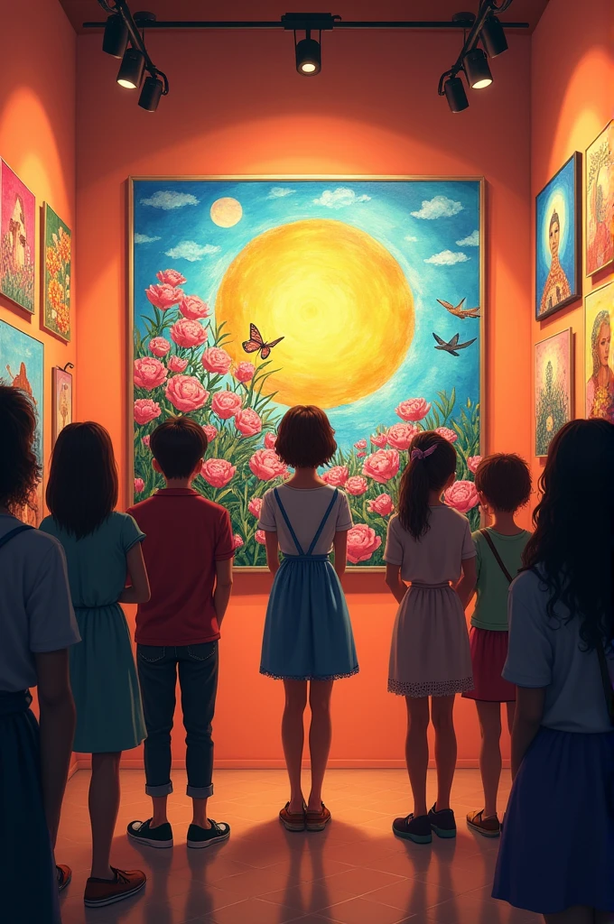 A gallery-style display of Mousumi’s art with inspiring quotes about passion and friendship, showing people admiring and reflecting on her journey.
With a heart full of gratitude and a future bright with possibilities, Mousumi continued to create beautiful art, each piece a celebration of her journey and the people who had helped her along the way.
