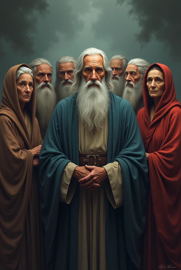 Seven wise old men and women from different ethnicities, being three elderly and wise women, arranged in a harmonious semicircle. The figures are positioned in a balanced way, three on the left and three on the right, all with serene expressions that reflect the cultural diversity and wisdom accumulated throughout their lives. At the center, a mysterious and charming looking man stands out, with a long, well-kept white beard and a face deeply marked with wrinkles that tell stories of a life of immense knowledge. Their clear eyes radiate an almost mystical serenity, as if they held the secrets of the universe. Everyone wears simple cloaks, but elegant, that reinforces their aura of mystery and wisdom. The background of the image is enigmatic, evoking an atmosphere of mystery and depth, as if they were in a place where ancestral knowledge is preserved and shared.