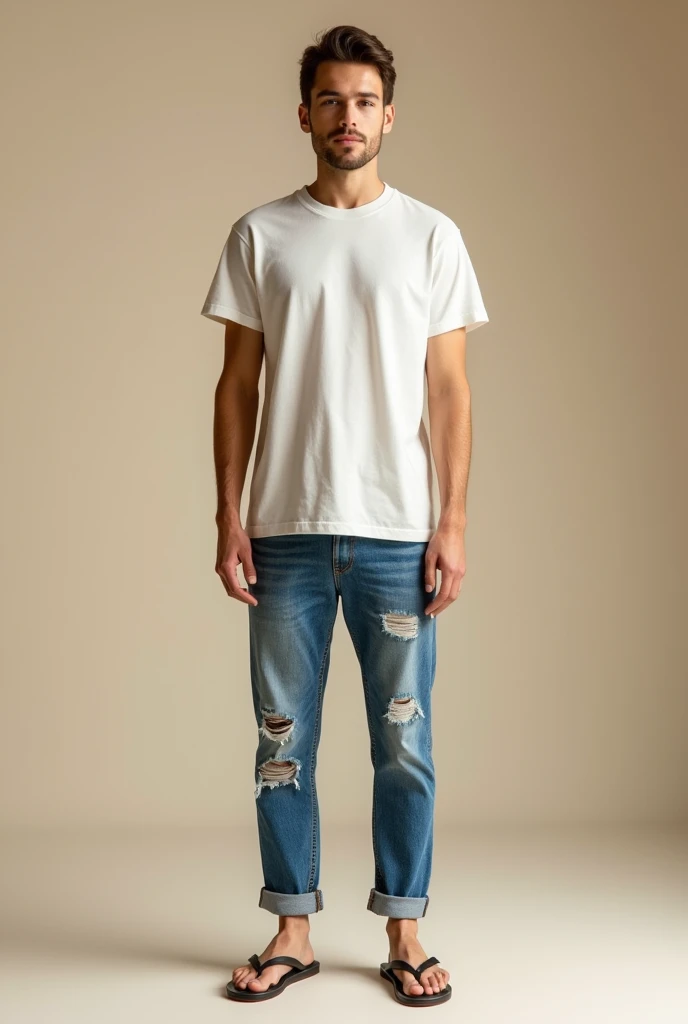 A young man wearing a t-shirt, ripped jeans, and flip-flops., handsome, Take the whole body. 

