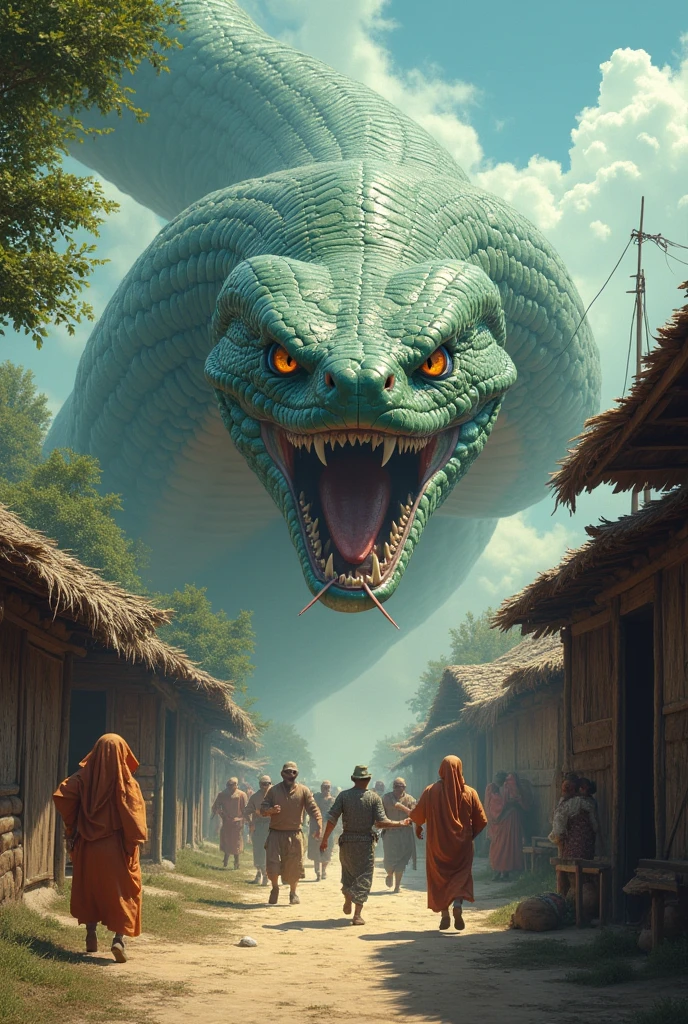 One day a slamm snake came to the village. People got scared and started running away from the village.