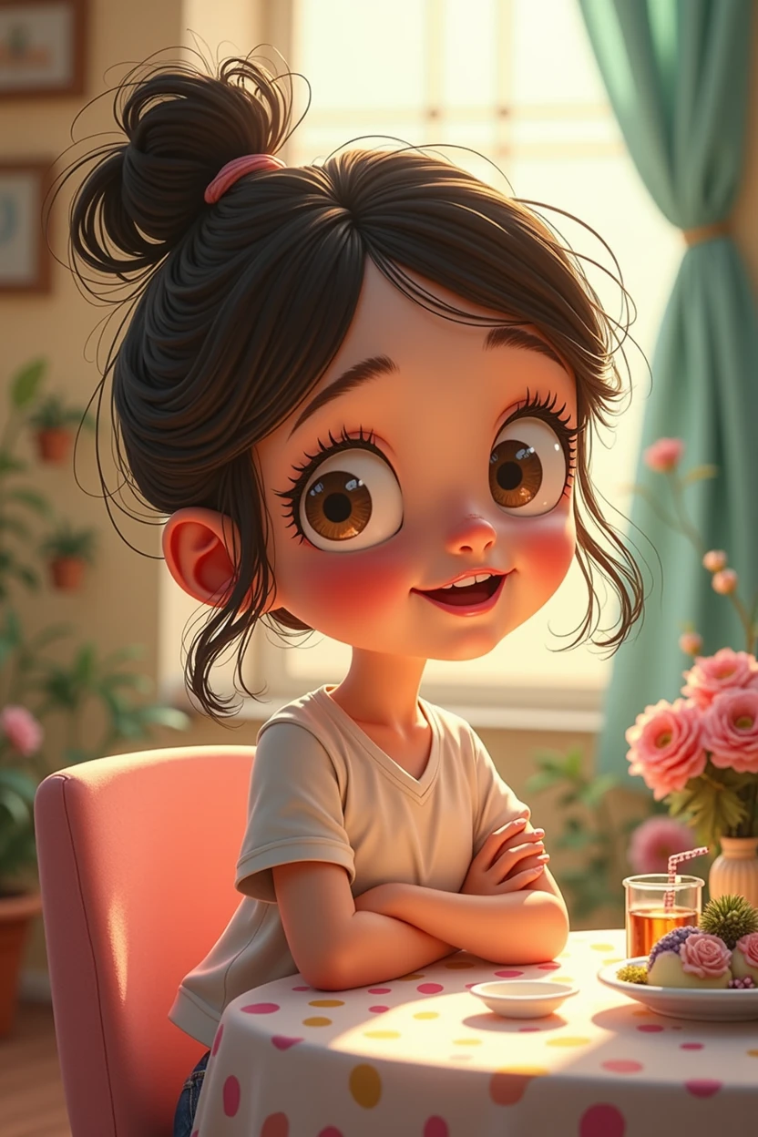 The girl has oral and facial issues. (cartoon)
