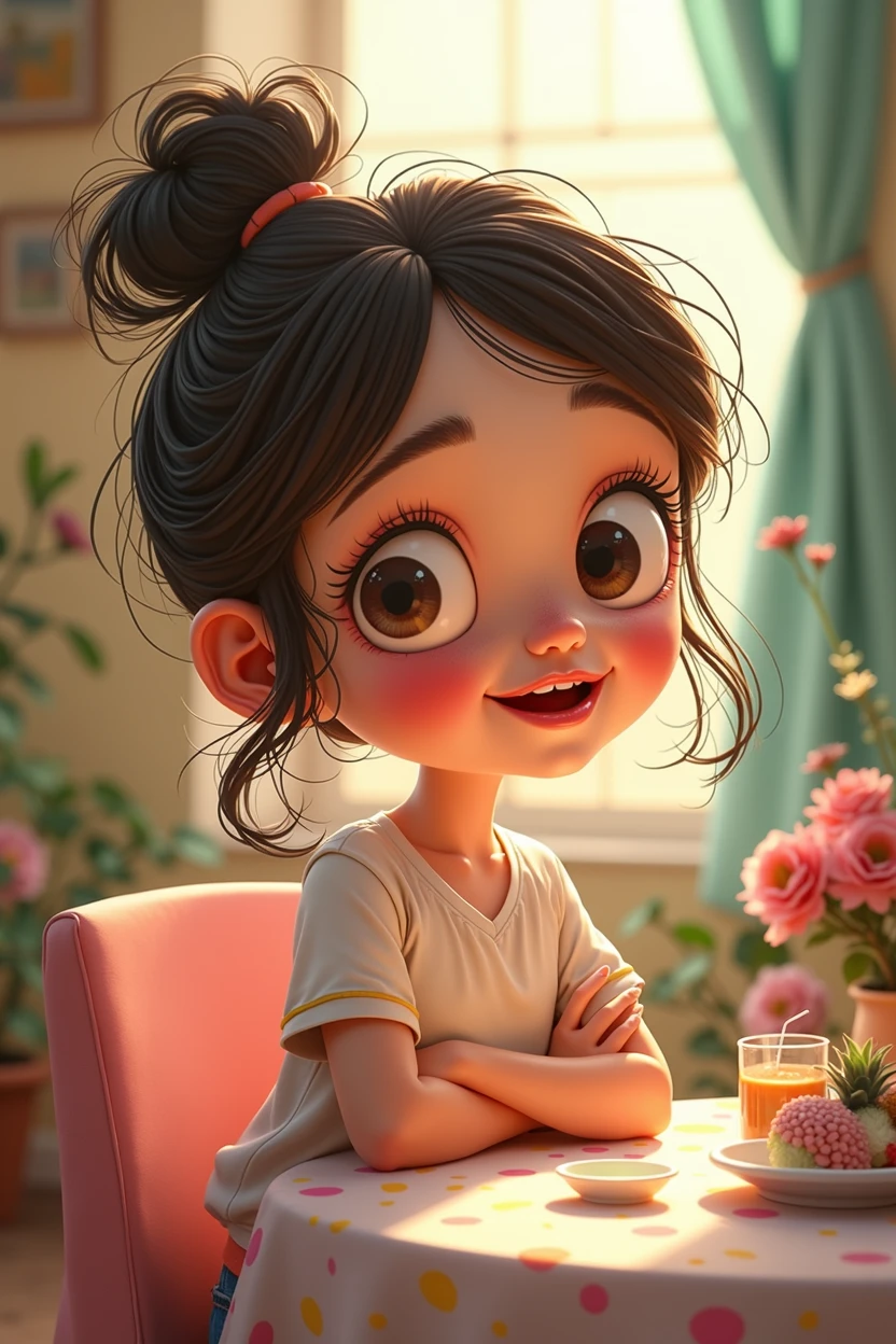 The girl has oral and facial issues. (cartoon)
