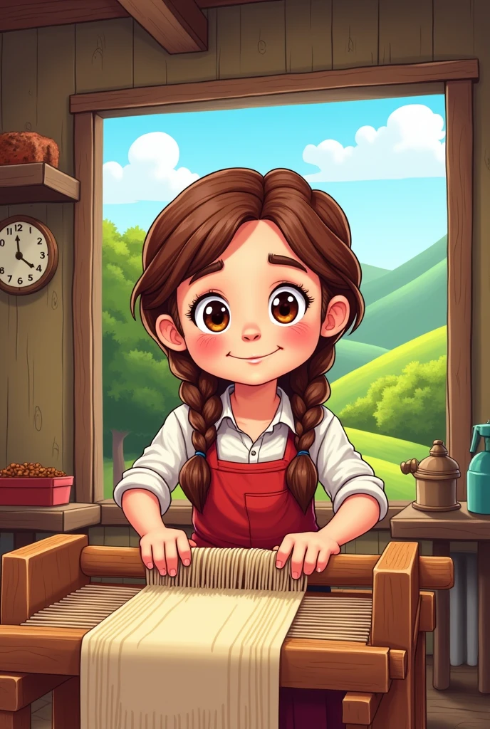 A peasant girl weaving on a loom is a cartoon coloring page .
The girl must be from the countryside with braids