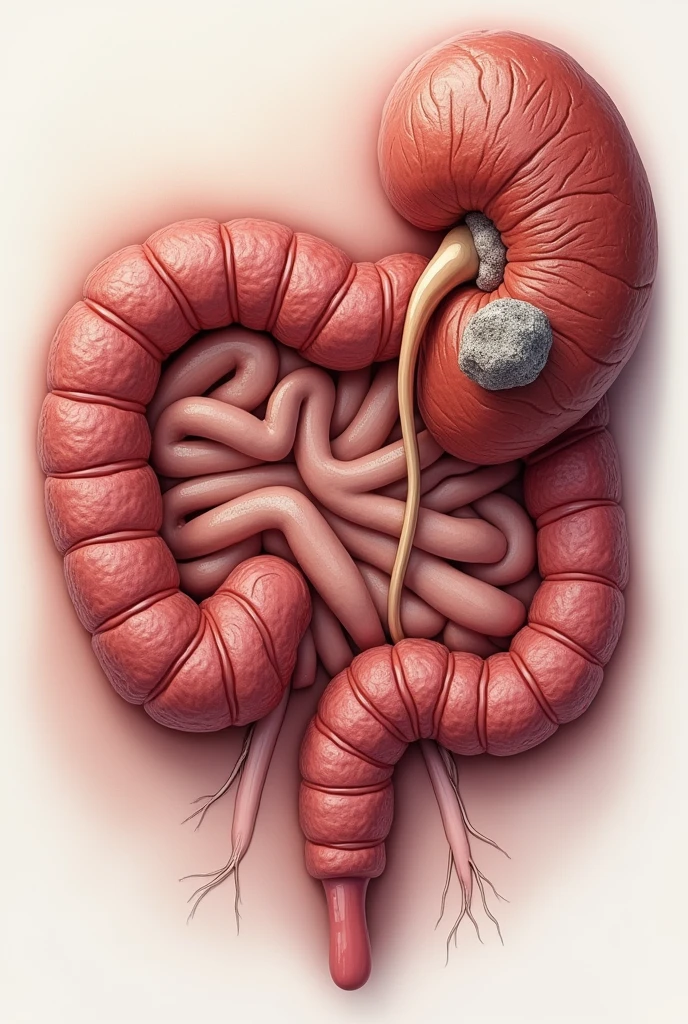 One reddish anatomical structure of human intestine and kidney beside it stone on kidney and strictures on intestine