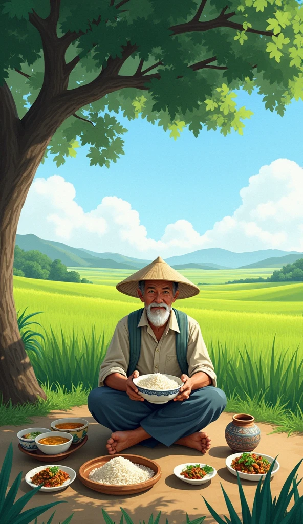 The farmer named Nam sits under a big tree to eat lunch,He holds a bowl of rice, there are many other dishes below, the landscape of rice fields surrounds him. Hình 2d
