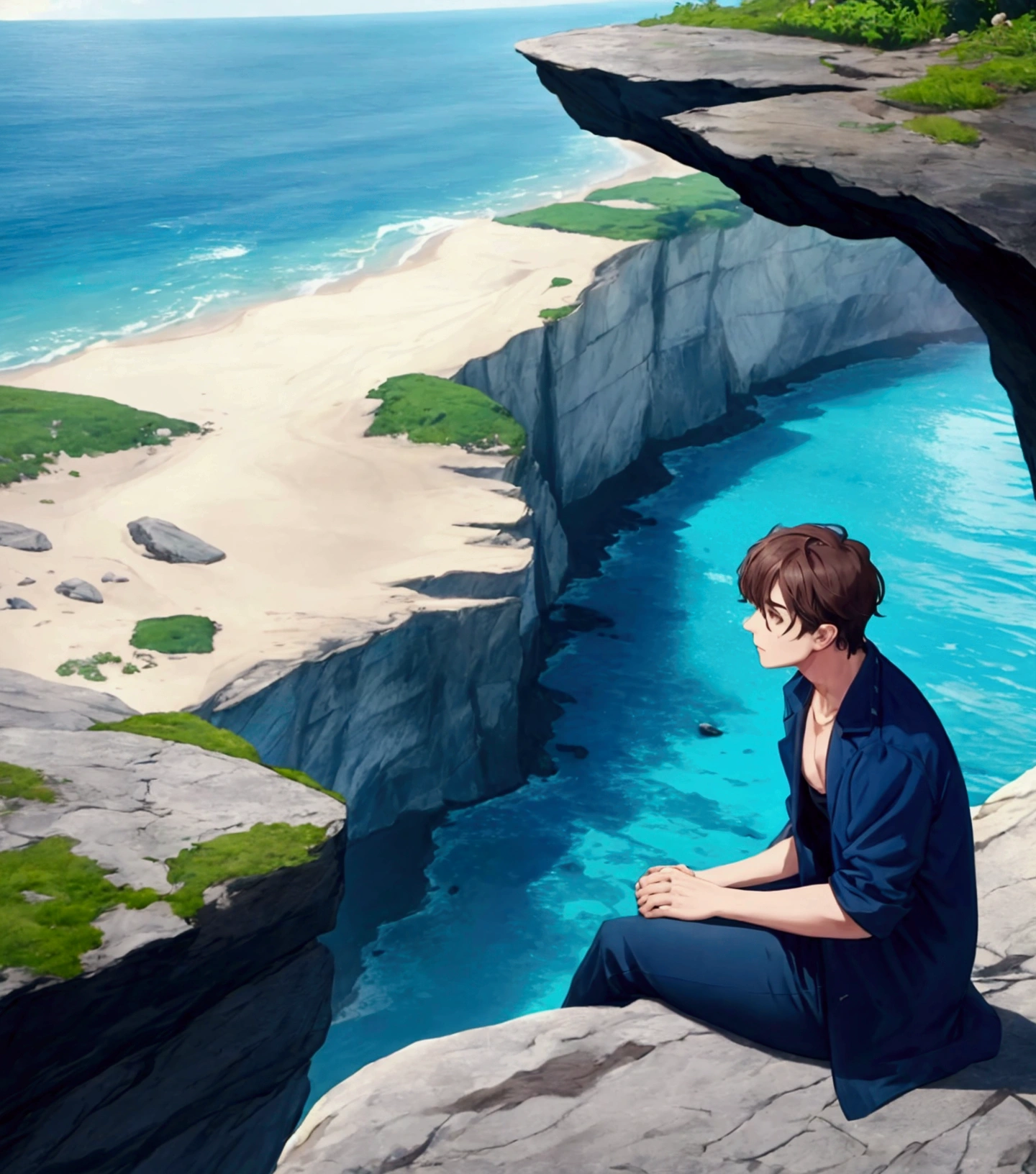 the man was sitting on a cliff looking at the blue ocean