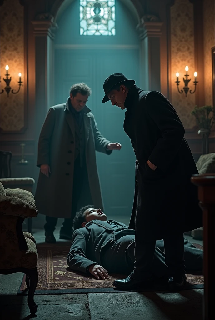 Sherlock Holmes and John Watson are looking at a dead man's body and investigating it. 