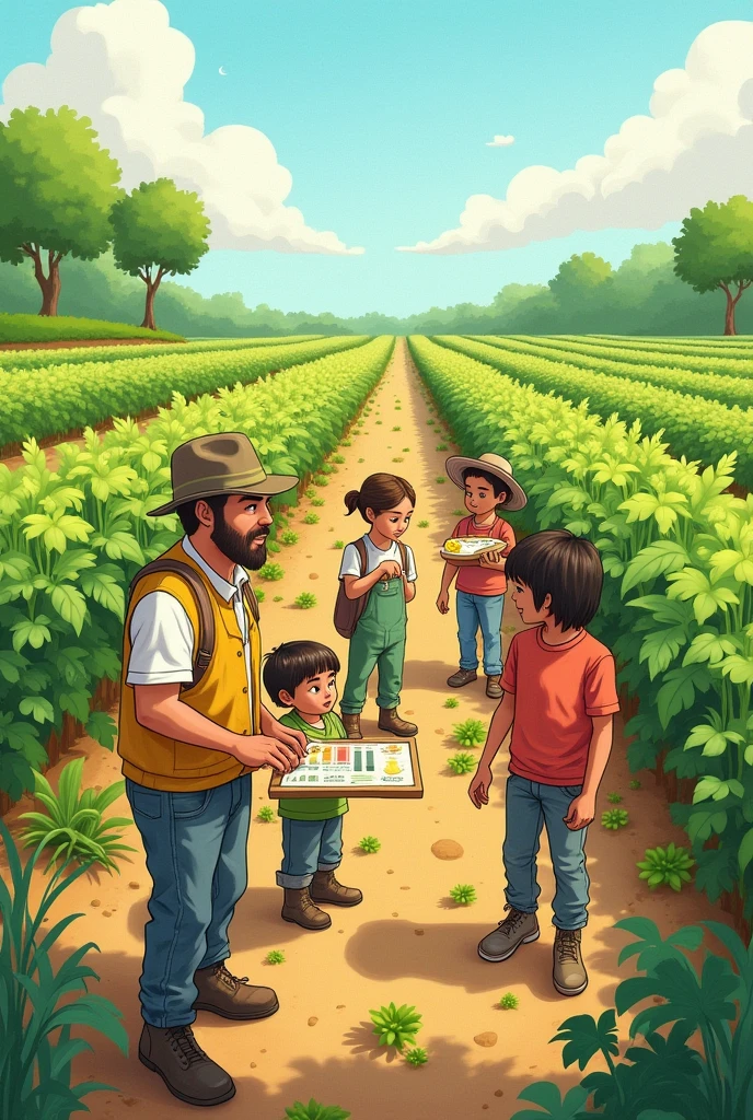 Farmers performing cultural control of fungi in their crop, drawing for children