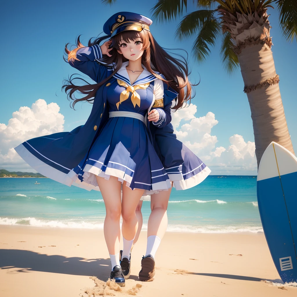 Sailor suitを着たアニメのが、Standing on the beach next to a surfboard, Sailor suit, dress, , Kantai Collection Style, 素敵なdressを着たかわいいアニメのワイフ, loose coat collar Sailor suit, Cute girl anime visuals, Anime Girl Cosplay, Sailor suit, Cute 3D anime rendering, Magic school uniform