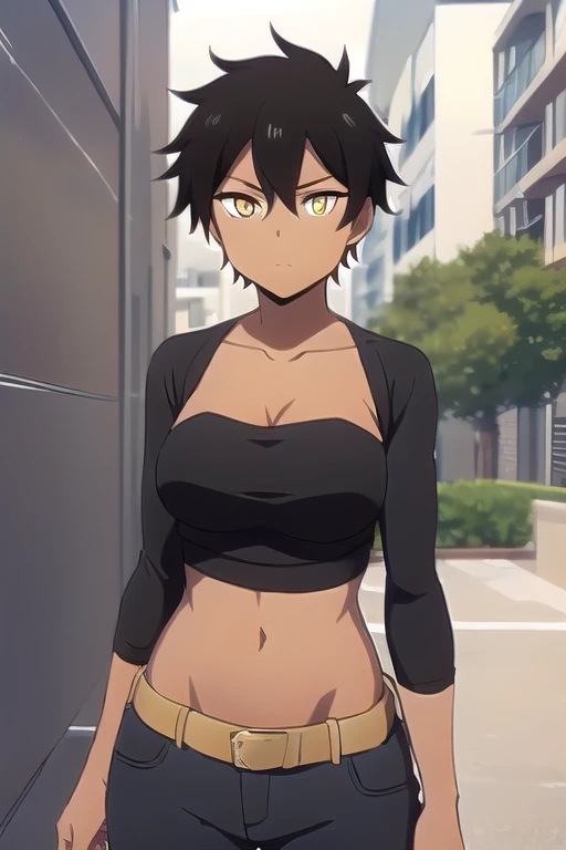 1girl, solo, 26 years old, tomboy, short hair, brown hair, (yellow eyes:1.5), tan-bronze skin, tan-skinned female, athletic figure, medium breasts BREAK opened blue jacket, black strapless top, (midriff), belt, shiny black leather pants BREAK looking at viewer, BREAK indoors, BREAK (masterpiece:1.2), best quality, high resolution, unity 8k wallpaper, (illustration:0.8), (beautiful detailed eyes:1.6), extremely detailed face, perfect lighting, extremely detailed CG, (perfect hands, perfect anatomy),
