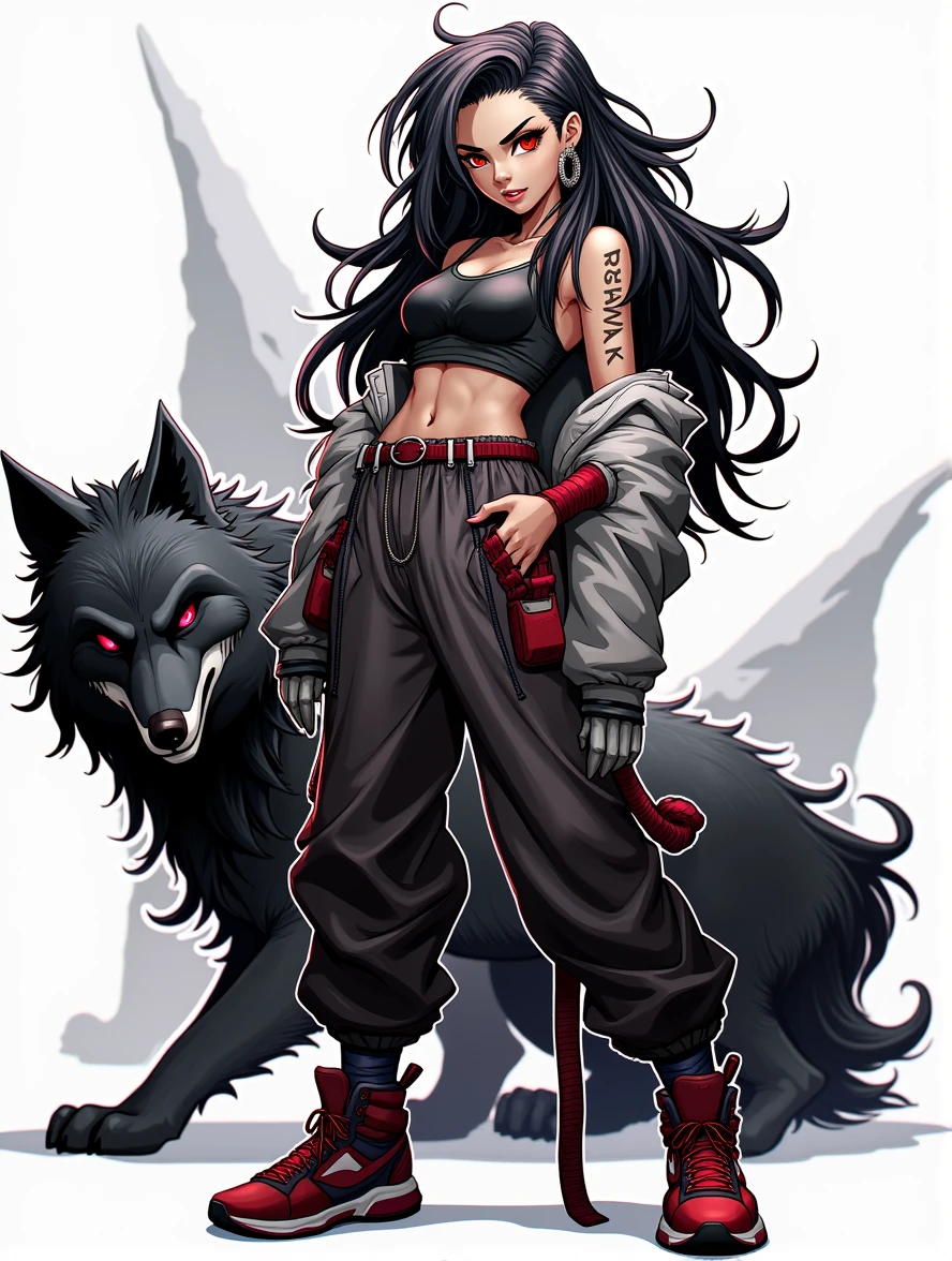 Teenage girl, wild black hair, red eyes, sports bra, jacket hanging off arms, baggy pants, sneakers, wolf companion stand behind her, simple background, concept art, illustration