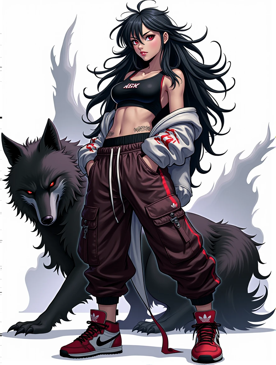Teenage girl, wild black hair, red eyes, sports bra, jacket hanging off arms, baggy pants, sneakers, wolf companion stand behind her, simple background, concept art, illustration