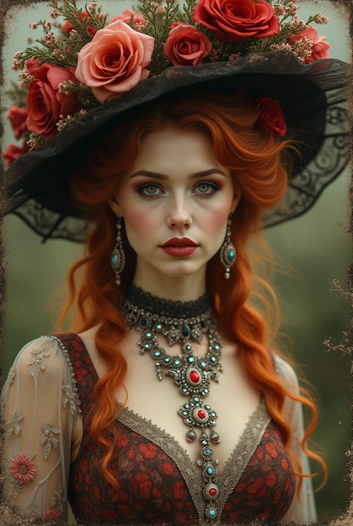 (Masterpiece) An insanely beautiful Victorian lady with rich flowering over the top hat, red hair, rich jewelry, vintage sepia photography, outdoor photography, extremely inviting look, looking at the camera, very old and torned photo