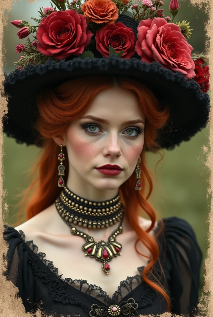 (Masterpiece) An insanely beautiful Victorian lady with rich flowering over the top hat, red hair, rich jewelry, vintage sepia photography, outdoor photography, extremely inviting look, looking at the camera, very old and torned photo