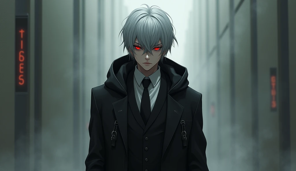 gray-haired, red-eyed androgynous girl in a suit and black hoodie