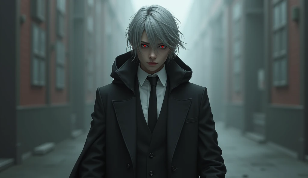 gray-haired, red-eyed androgynous girl in a suit and black hoodie