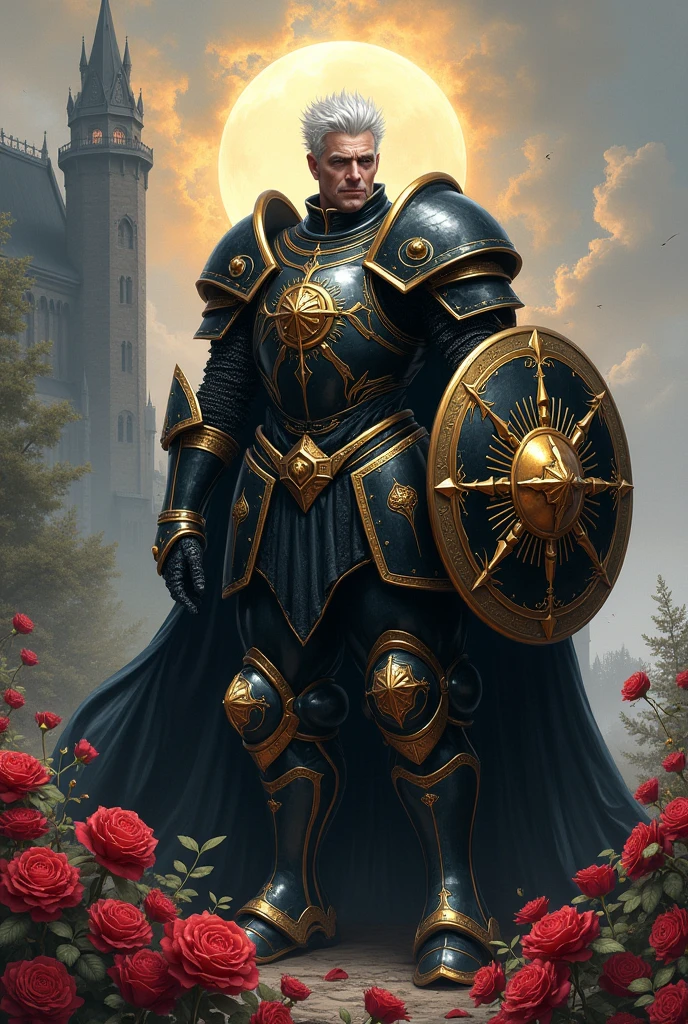 Homem, sexy, com cabelos espetados prateados, full length wide angle view Glorious Glorious Brigh Monarch King Knight wuth a (Shield:1.5) in a highly detailed Heavy black Knight armor guilded with gold,silver in a High holding a Gold and black and Crimson (Shield:1.5) ; gothic castle background; photorealistic, insanely detailed, meticulous, awe inspiring, magnificent, concept art, dark fantasy, gothic; Anne Stokes, Anna Dittman, Greg Rutowski, Josephine Wal High Gothic Dark Fantasy DarkSouls EldenRings Enchanted:Gothic : watercolor Glorious Brigh Monarch King Knight with a Long warm cloak holding a Long enchanted round (Shield:1.5) in a highly detailed Heavy black Knight armor guilded with gold,silver in a field of Colorfull Roses under an Eclipse ::| hyperdetailed: maximalist ::| Stunning masterpiece::| Jonas De Ro: russ mills, white roses and Blood red Roses under a warm Autumnal Morning Sunlight, Mark Brooks and Dan Mumford, comic book art, perfect, smooth, in Gouache Style, Watercolor, Museum Epic Impressionist Maximalist Masterpiece, Thick Brush Strokes, Impasto Gouache, thick layers of gouache watercolors textured on Canvas, 8k Resolution, Matte Painting, um sol negro no peito da armadura bastante detalhado.