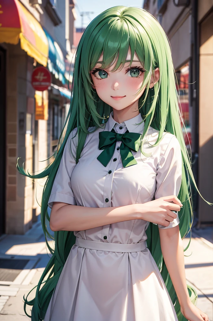 Best Quality,High resolution,8k,finelity detailed background,Masterpiece:1.2),beautiful girl,Shiny green hair,messy hair,Green Eyes,Gentle look,A refreshing look,smile,Best quality,Best Quality,Aesthetic and aesthetic:1.2,Best details((Super detailed))(High-definition CG illustrations),summer uniform,Slender body,In town,smile,blush,cute,Scrounge,Looking up,Being spoiled,super model