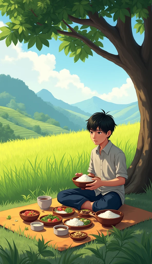 The farmer named Nam, 20 years old, was sitting under a large tree eating lunch.,He holds a bowl of rice, there are many other dishes below, the landscape of rice fields surrounds him. Hình 2d